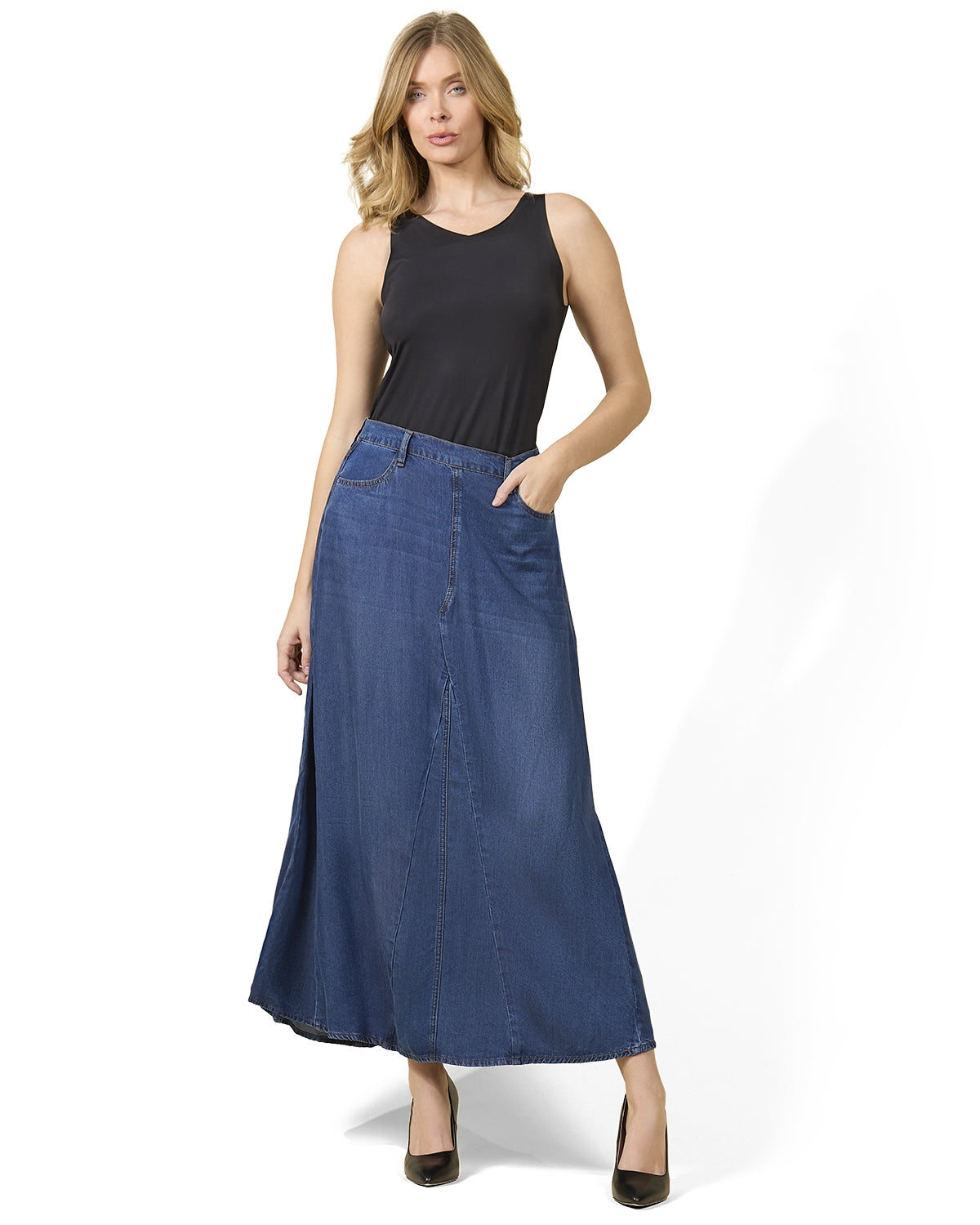 Women's Flared -Panel Lyocell Denim Maxi Skirt - L Dark Wash