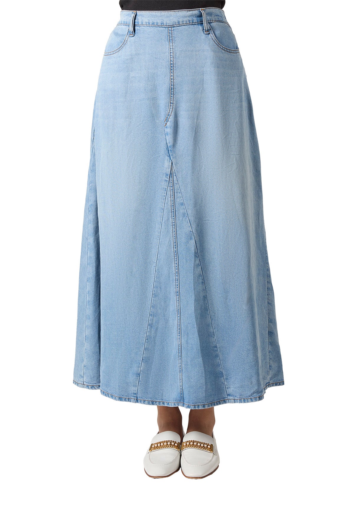 Women's Flared -Panel Lyocell Denim Maxi Skirt - M Light Wash