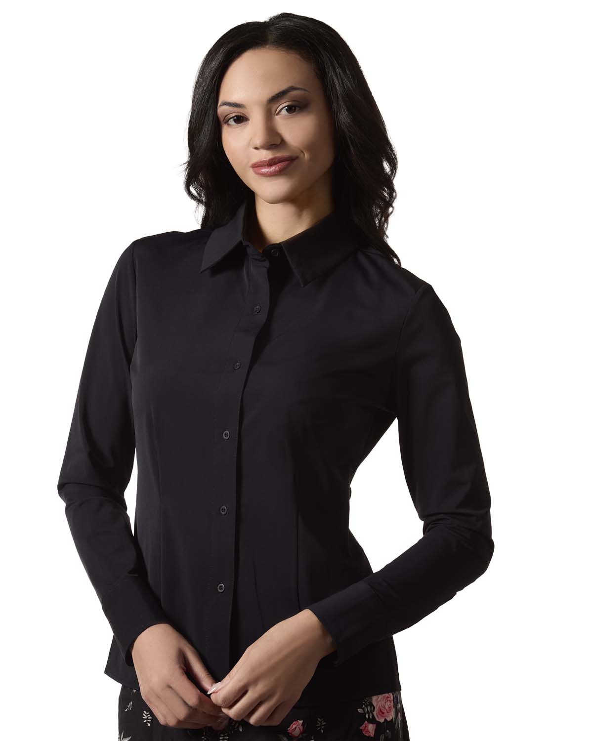 Women's Classic Button-Down Long-Sleeve Stretch Dress Shirt - L Black