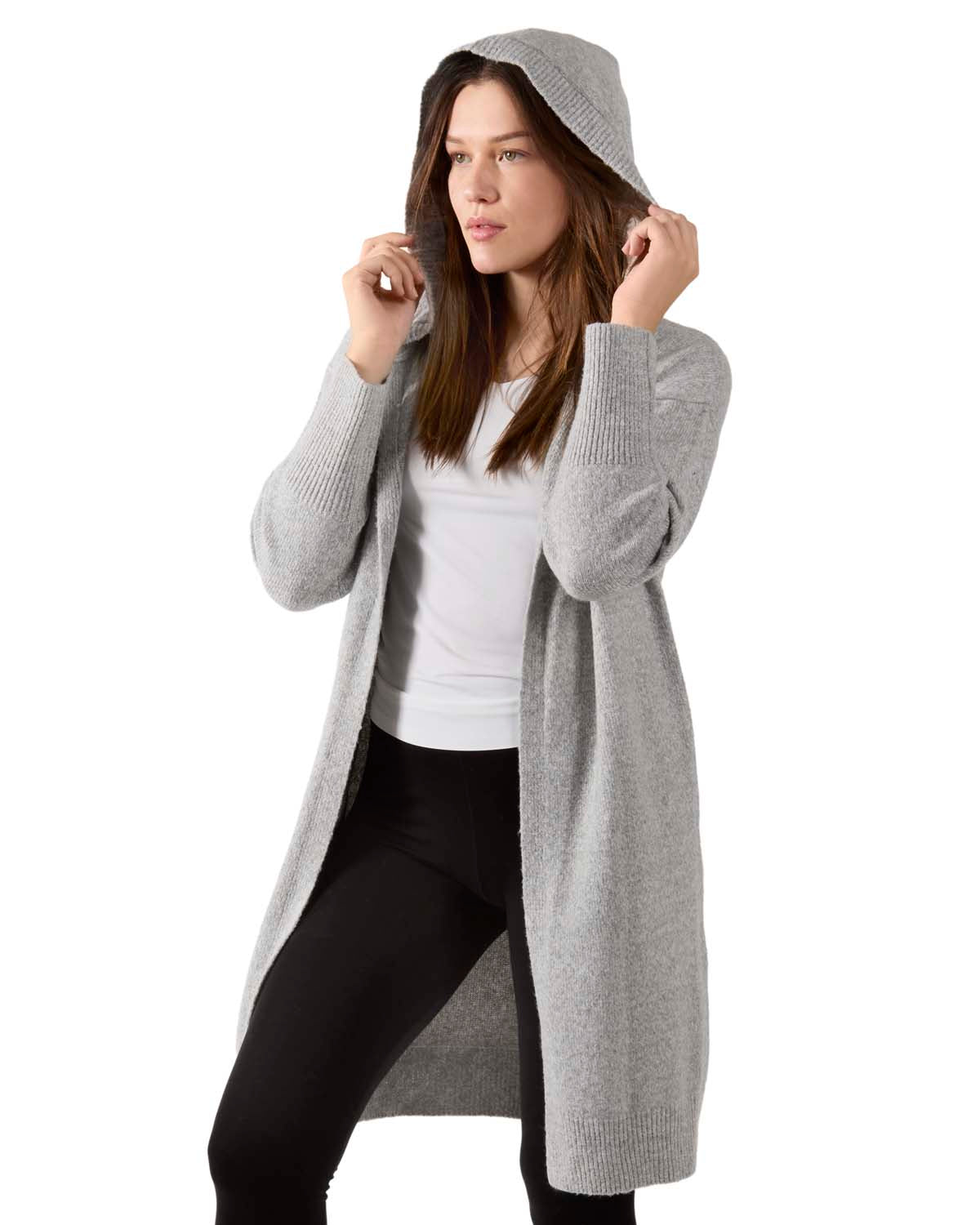 Women's Sweater Knit Hooded Open-Front Cardigan Sweater - S-M Light Gray Heather