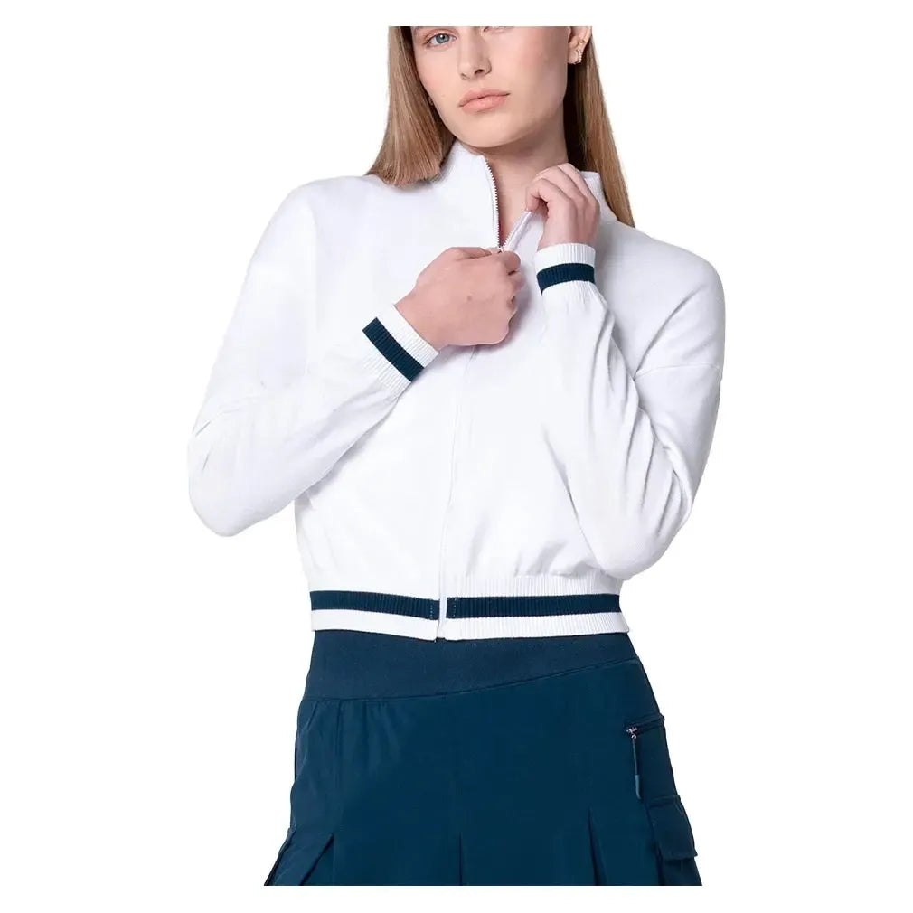 Women's Rally Mock Neck Tennis Cardigan - L _WHITEMIDNIGHT