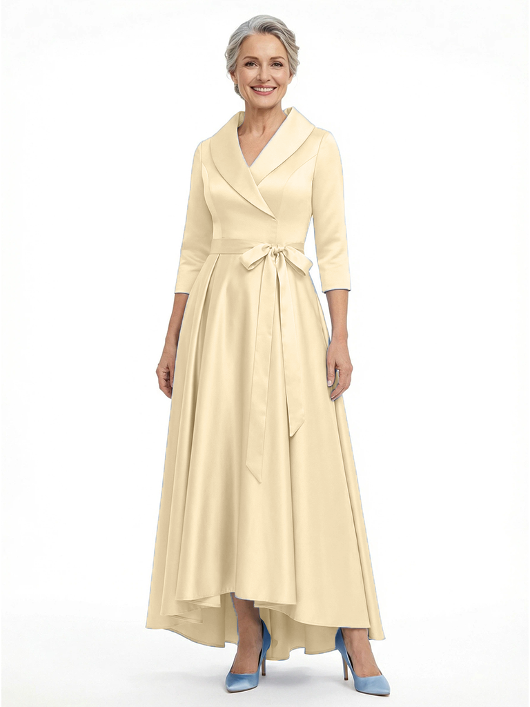 ChicSew Unique Silky Satin Mother Of The Bride Dress High-Low A-Line Gown With Long Sleeves