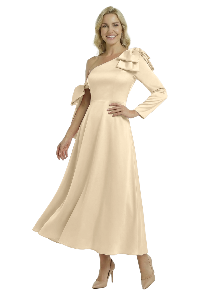 Unique One Shoulder Long Sleeve Mother Of The Groom Dress Satin A-Line Ankle-Length Gown