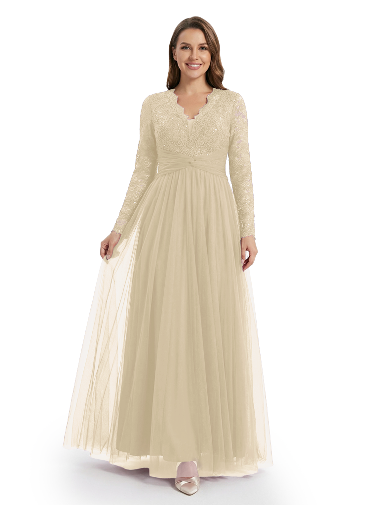 Chicsew Lace V-Neck Long Sleeves Mother Of The Bride Gown Floor-Length Tulle Party Dress