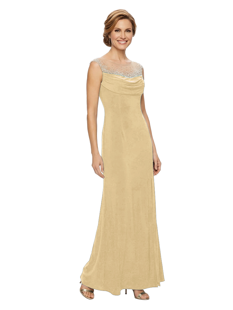 Chicsew Fancy Jersey Mother of The Groom Dress Sleeveless Beaded Illusion Trumpet Maxi Gown Sophisticated Style