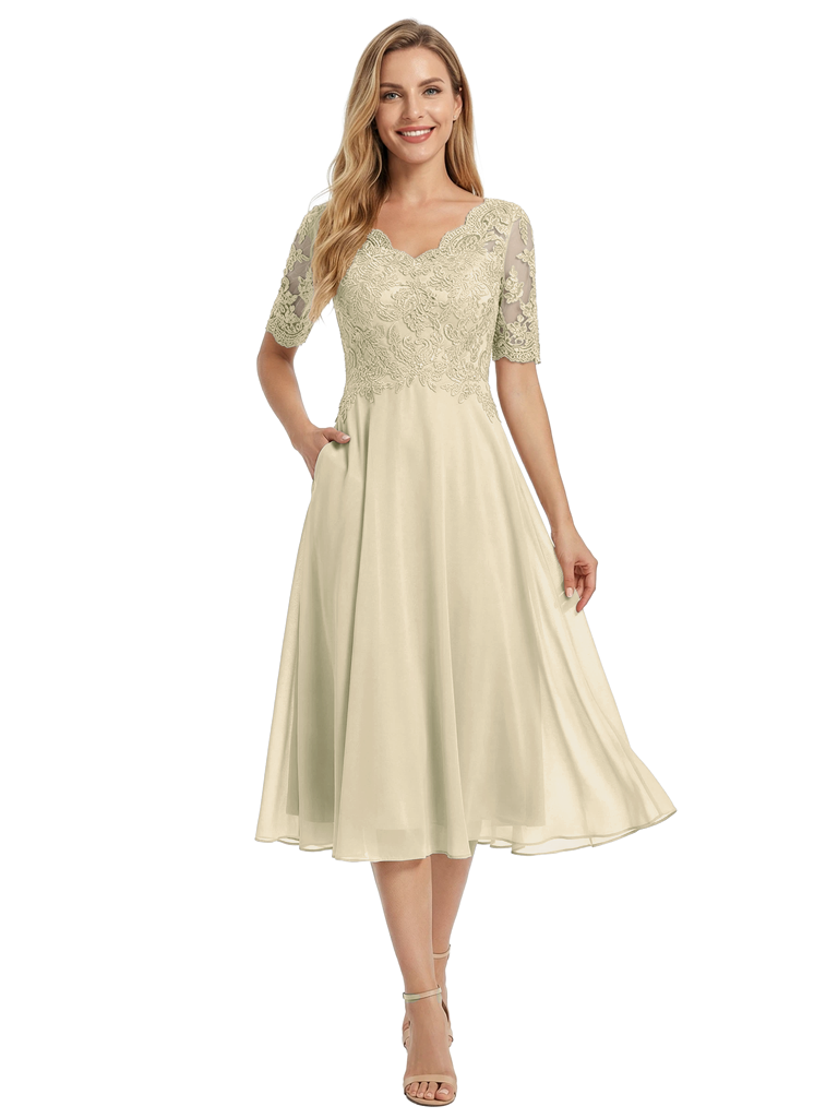 Chicsew Beautiful Lace Overlay Mother of The Bride Dress Half Sleeves Midi Chiffon Classy Occasion Gown