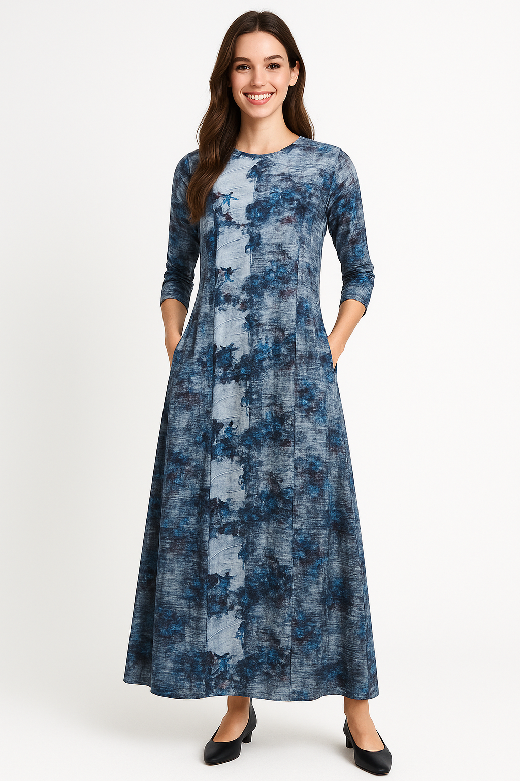 Fitted Bodice Maxi Summer Dress with Sleeves with Pockets - Moody Reflections Print Small