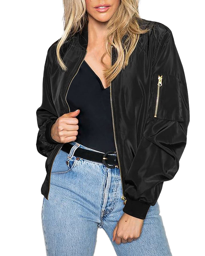 Zeagoo Classic Bomber Jacket Windbreaker with Pockets - Satin-black S
