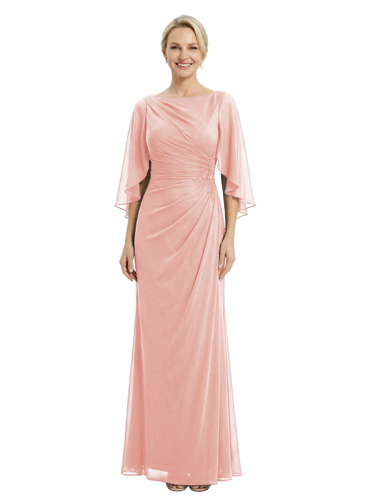 Unique Flutter Sleeves Jewel Chiffon Ruched Sheath Maxi Dress For Mother Of The Bride With Applique