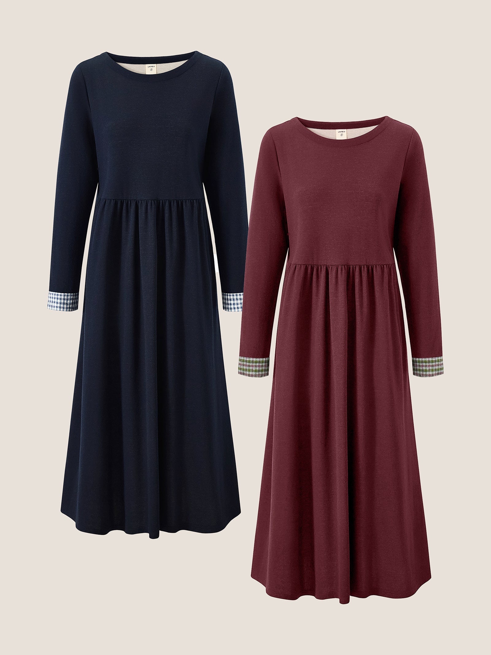 Organic Cotton Patchwork Cuff Crew Neck Casual Maxi Dress SCARLETT - Navy BlueBurgundy Red