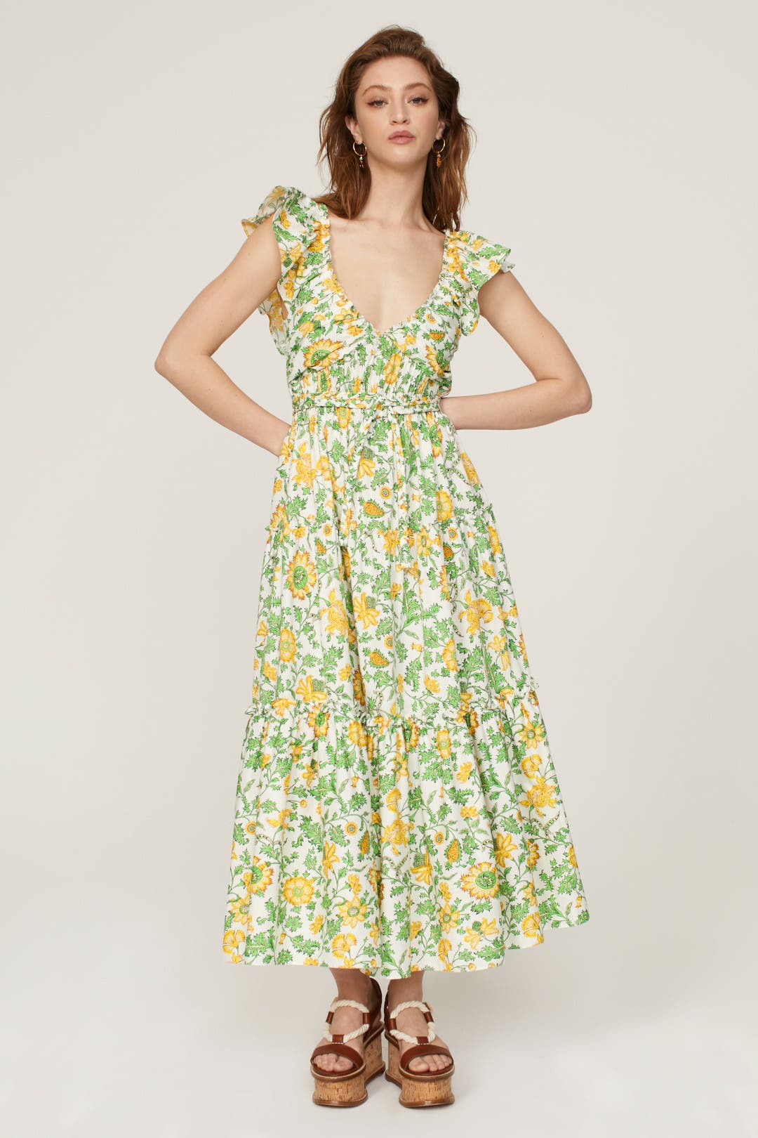 Derek Lam Crosby Anastasia Ruffle Dress Green-multicolored-print