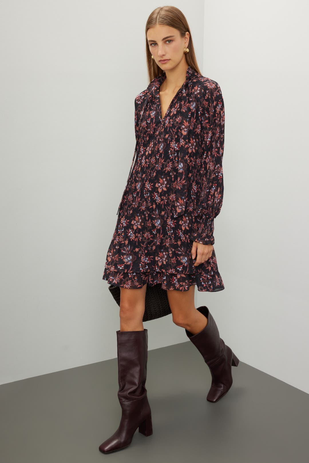 Derek Lam Crosby x RTR Pleated Floral Dress Black-multicolored-print