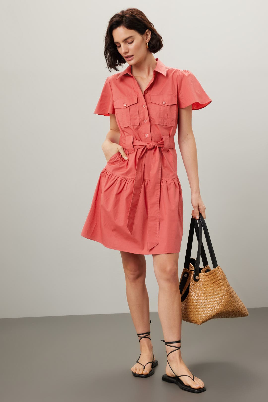 Derek Lam Crosby x RTR Flutter Sleeve Shirt Dress Pink