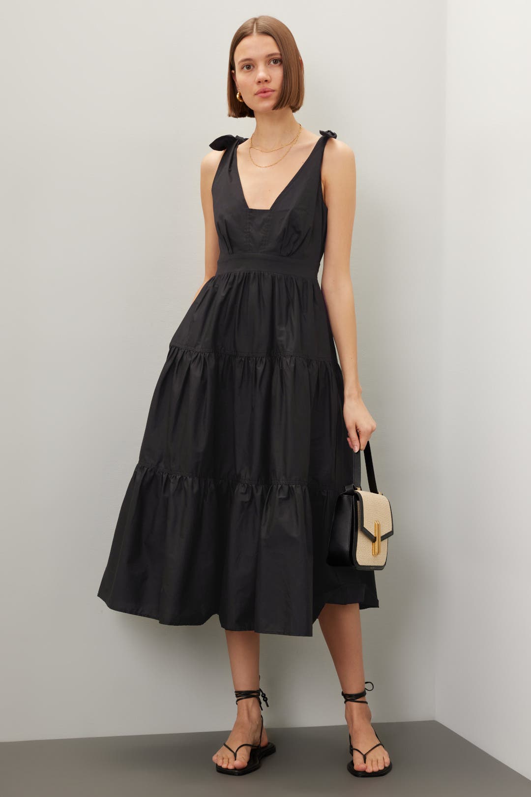 Derek Lam Crosby x RTR Tie Shoulder Tiered Dress Black