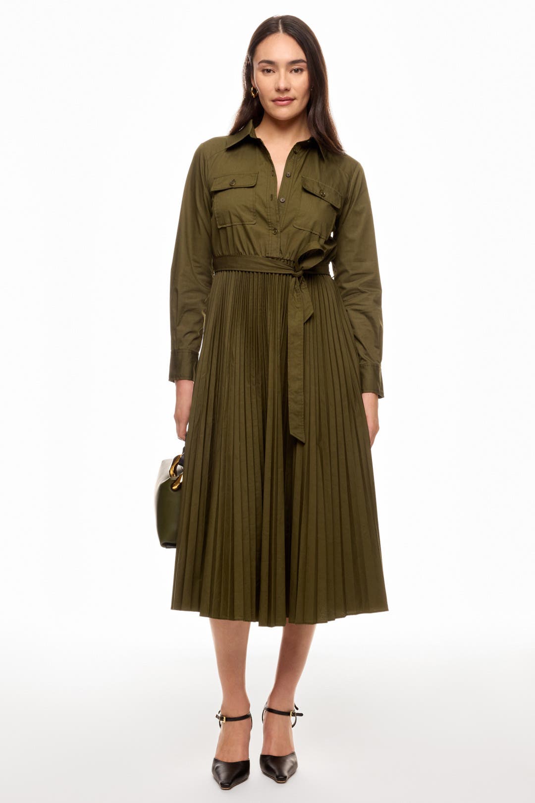 Derek Lam Crosby x RTR Pleated Green Midi Shirt Dress Green