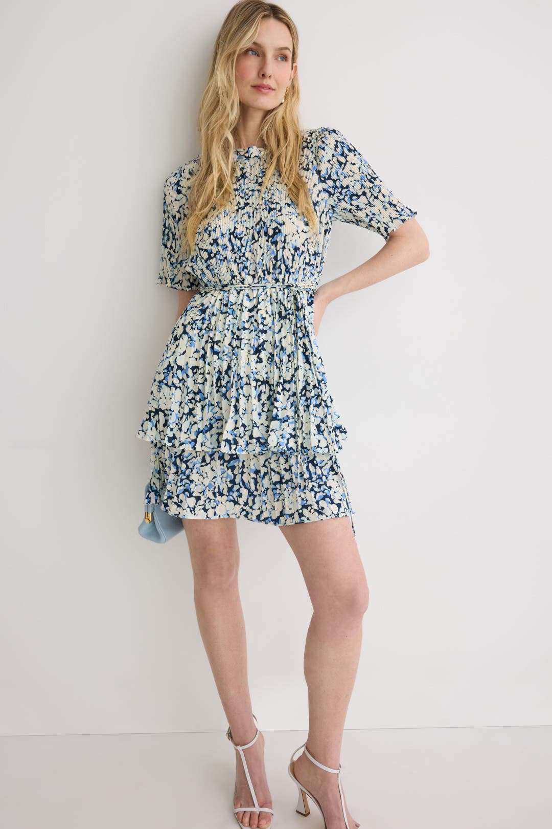 Derek Lam Crosby x RTR Tiered Pleated Mini Dress Blue-multicolored-print