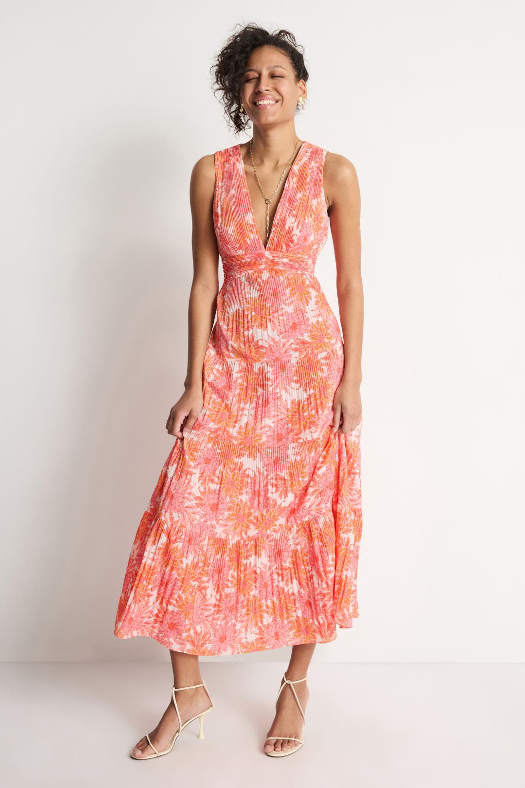 Derek Lam Crosby x RTR Pleated Tiered Dress Pink-multicolored-print