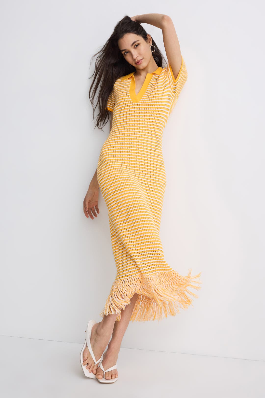 Derek Lam Crosby x RTR Fringe Knit Dress Orange-white-print