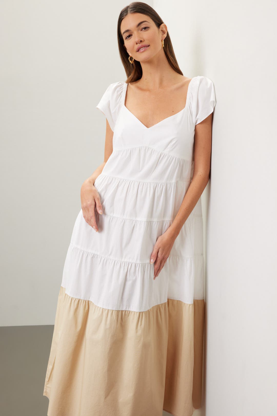 Donna Morgan Tiered Maxi Dress Cream-brown-print