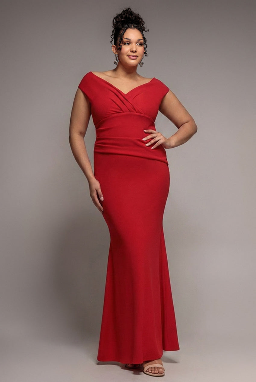 Goddiva Plus Bardot Pleated Maxi Dress