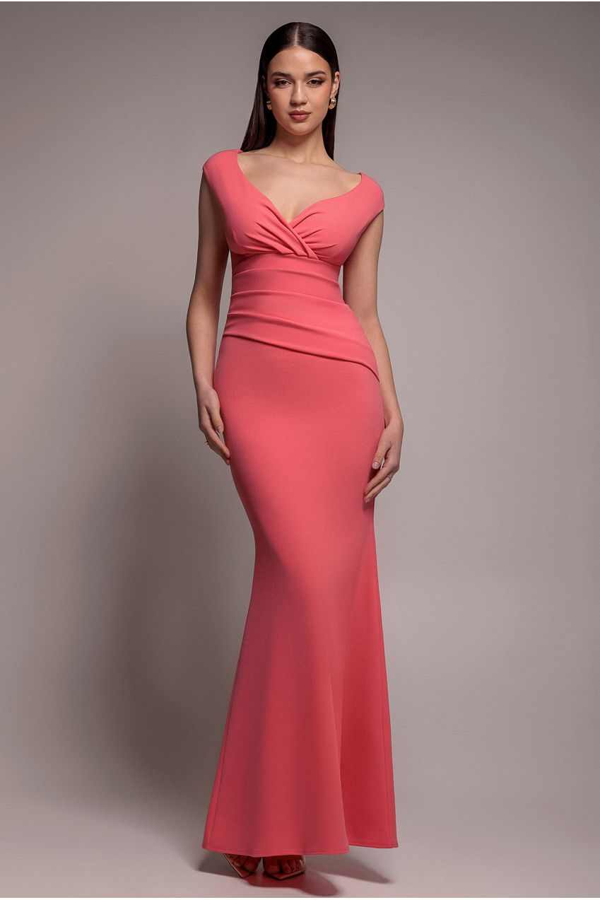 Goddiva Bardot Pleated Maxi Dress