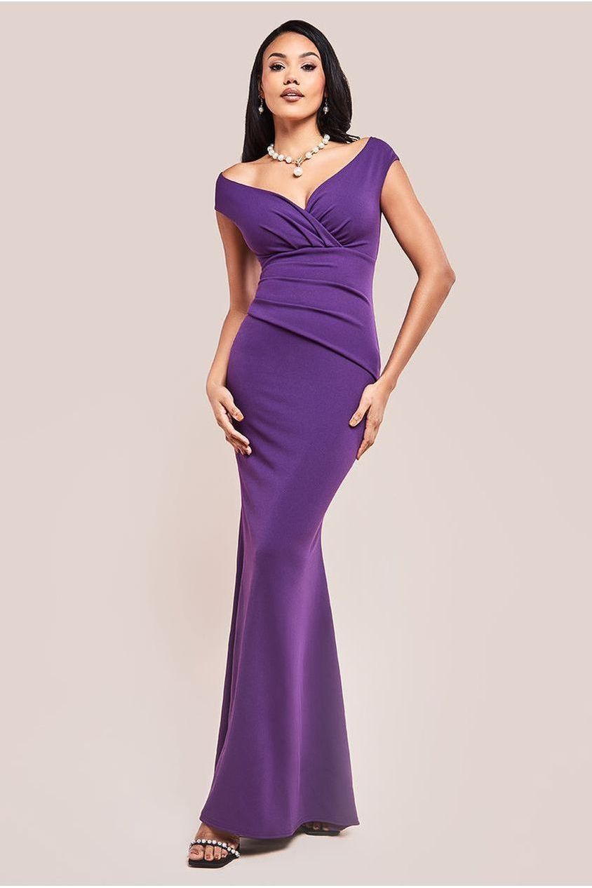 Goddiva Bardot Pleated Maxi Dress