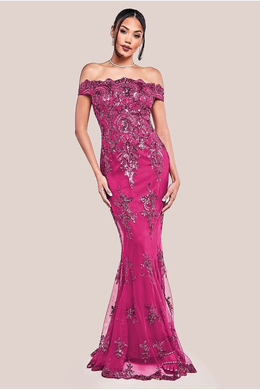 Goddiva Bardot Sequin Embroidered Maxi Dress