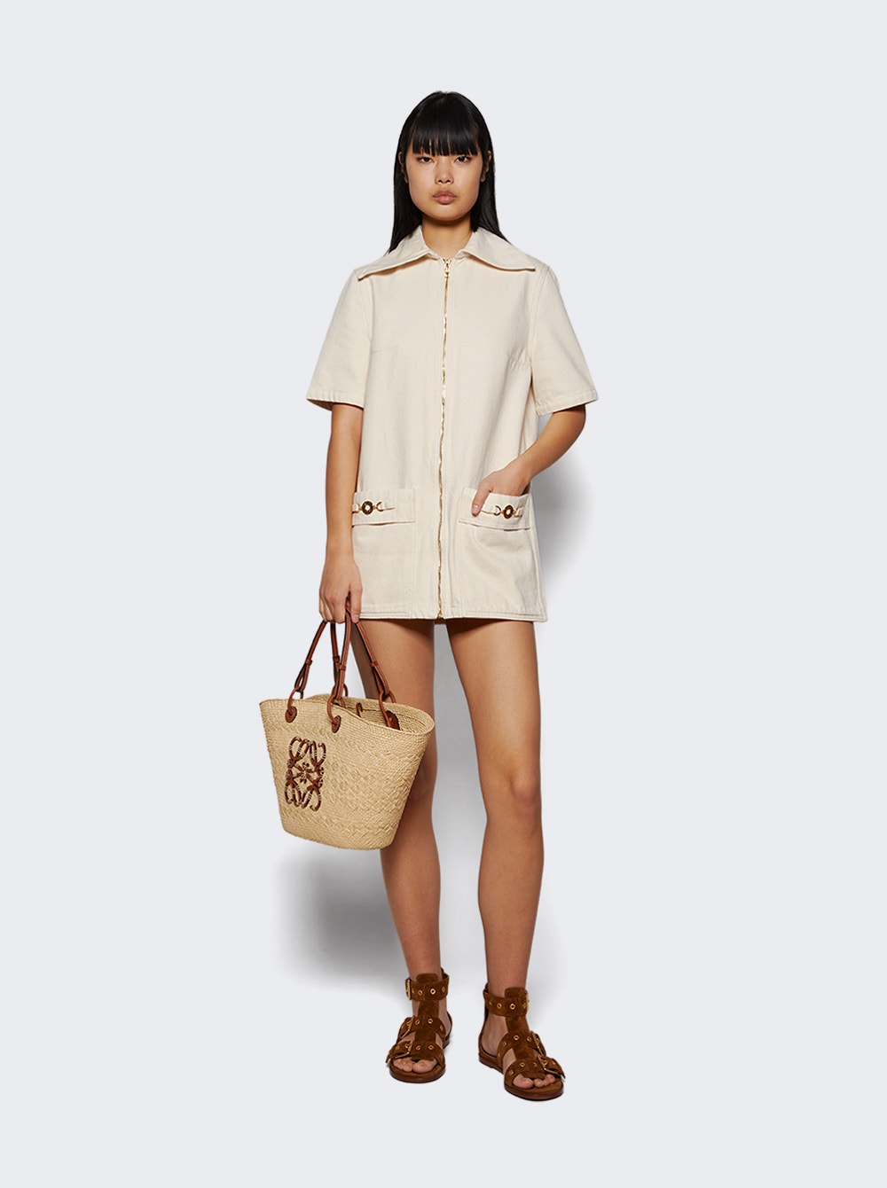 Zipped Denim Mini Dress Natural