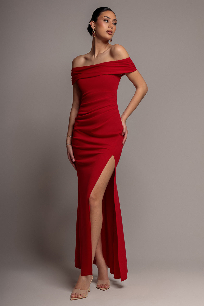 Goddiva Off The Shoulder Maxi Dress With Split