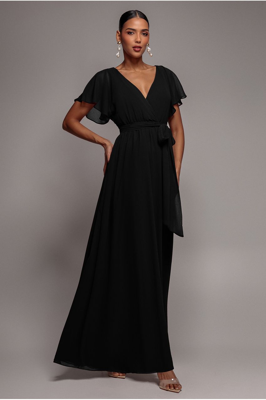 Goddiva Chiffon Flutter Sleeve Wrap Maxi Dress