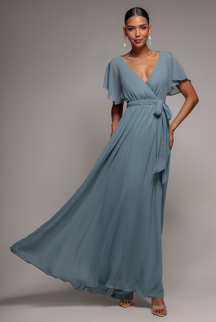 Goddiva Chiffon Flutter Sleeve Wrap Maxi Dress