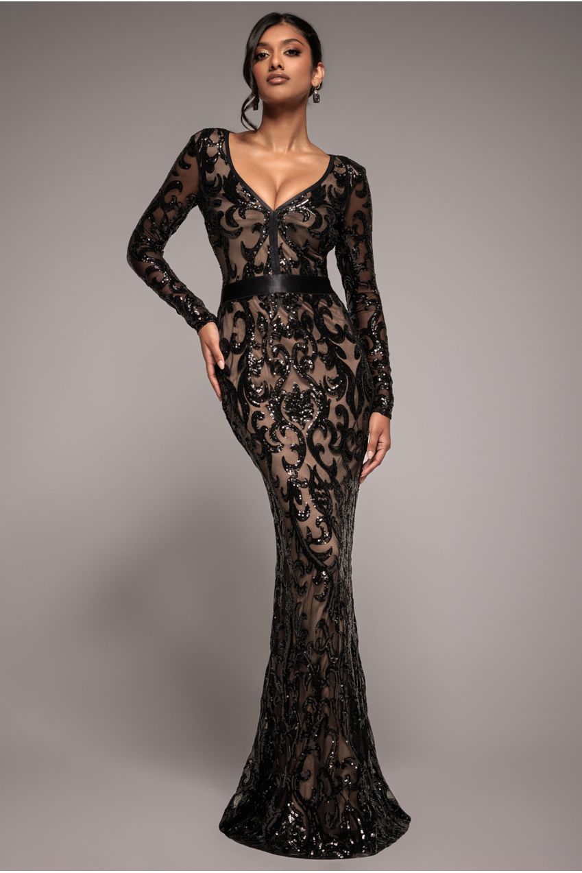 Goddiva Embroidered Sequin & Mesh Maxi Dress