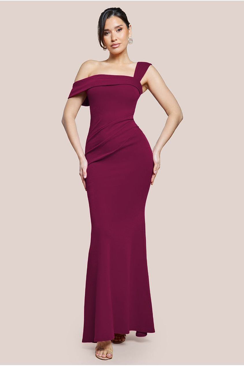 Goddiva Off The Shoulder Pleated Waist Maxi Dress
