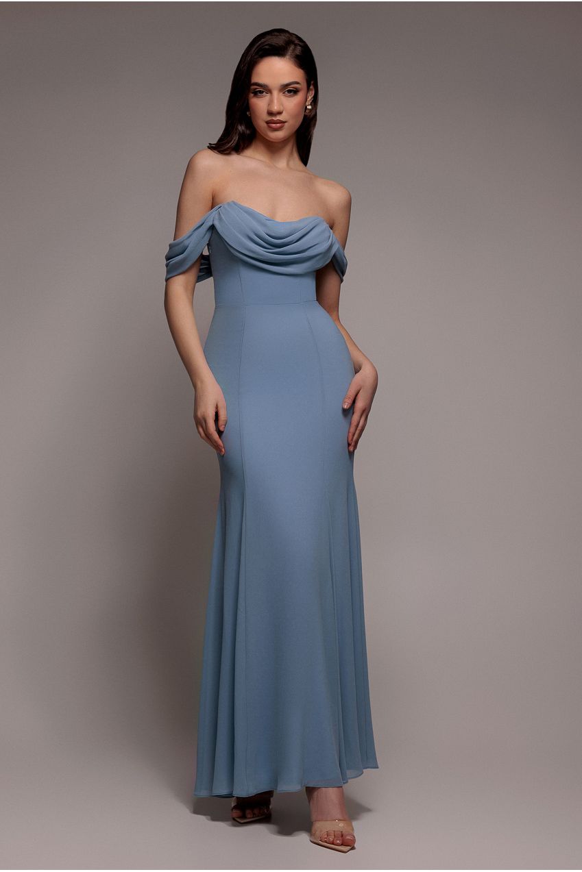 Goddiva Chiffon Bardot Cowl Neck Maxi Dress