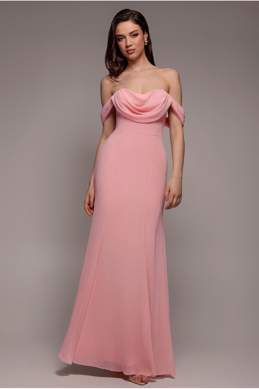 Goddiva Chiffon Bardot Cowl Neck Maxi Dress