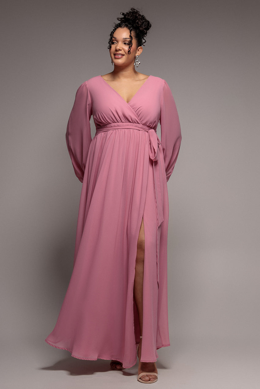 Goddiva Plus Wrap Back With Front Slit Chiffon Maxi Dress