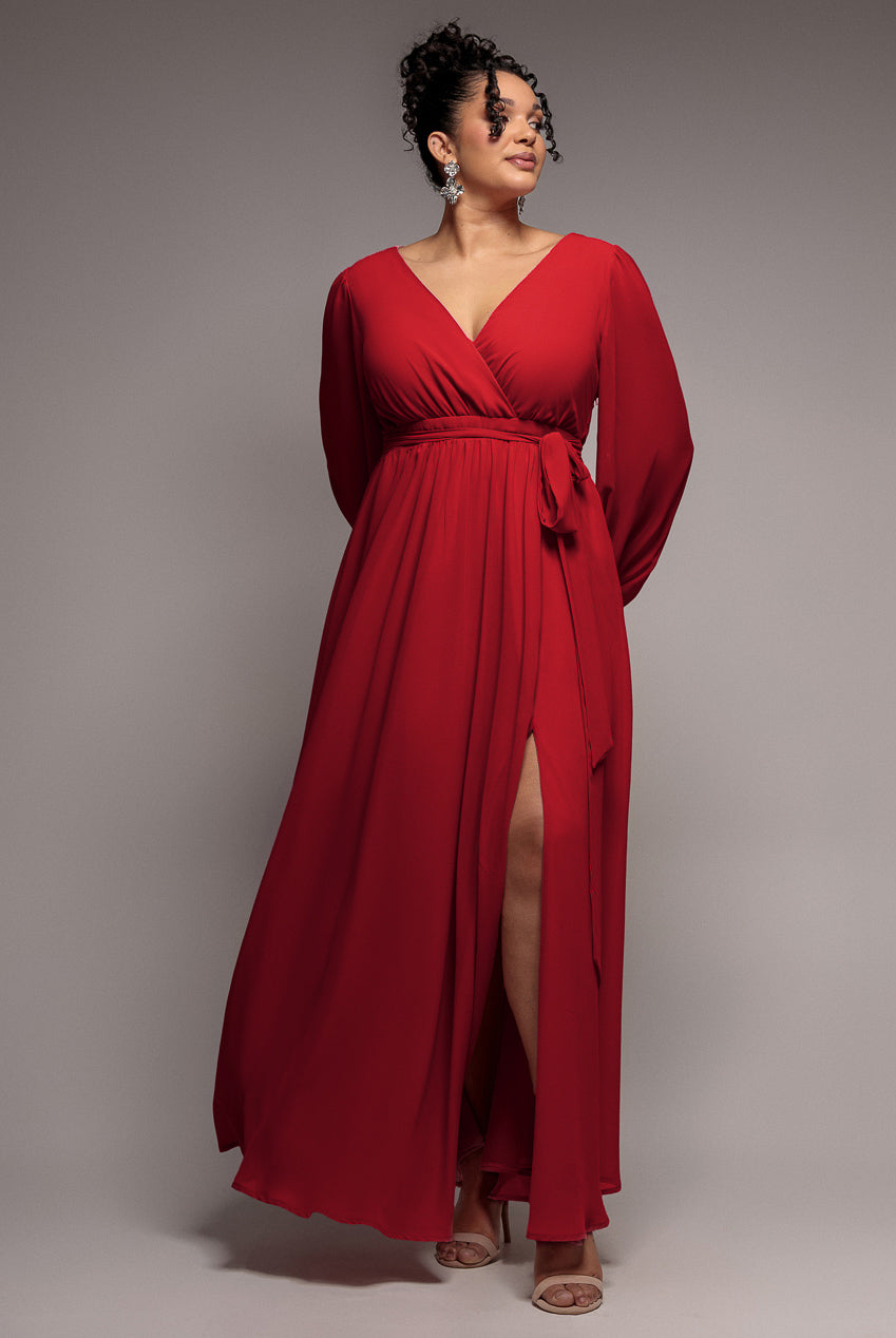 Goddiva Plus Wrap Back With Front Slit Chiffon Maxi Dress
