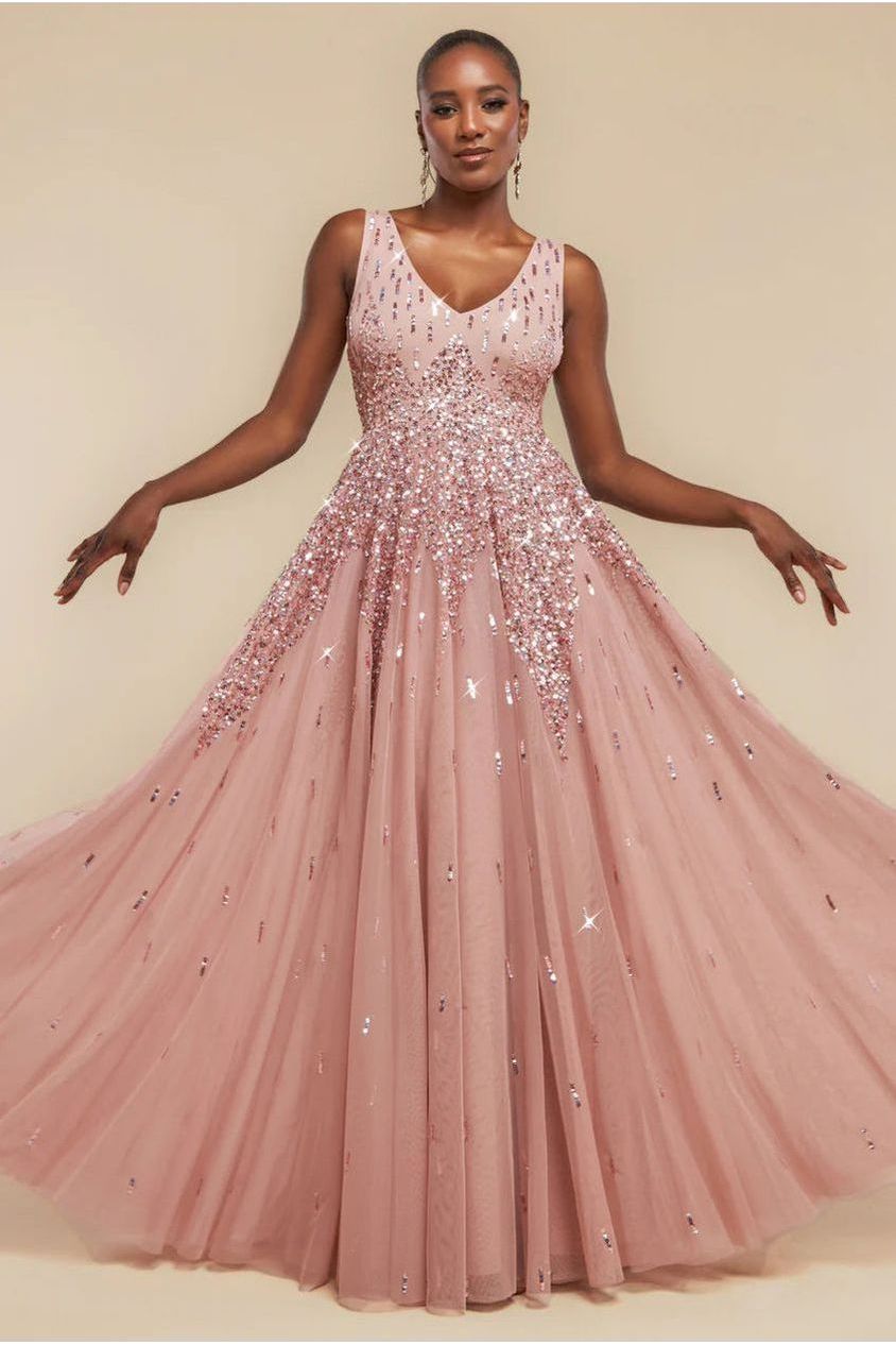Goddiva Sunray Hand Embellished Sequin A-Line Sleeveless Maxi Dress
