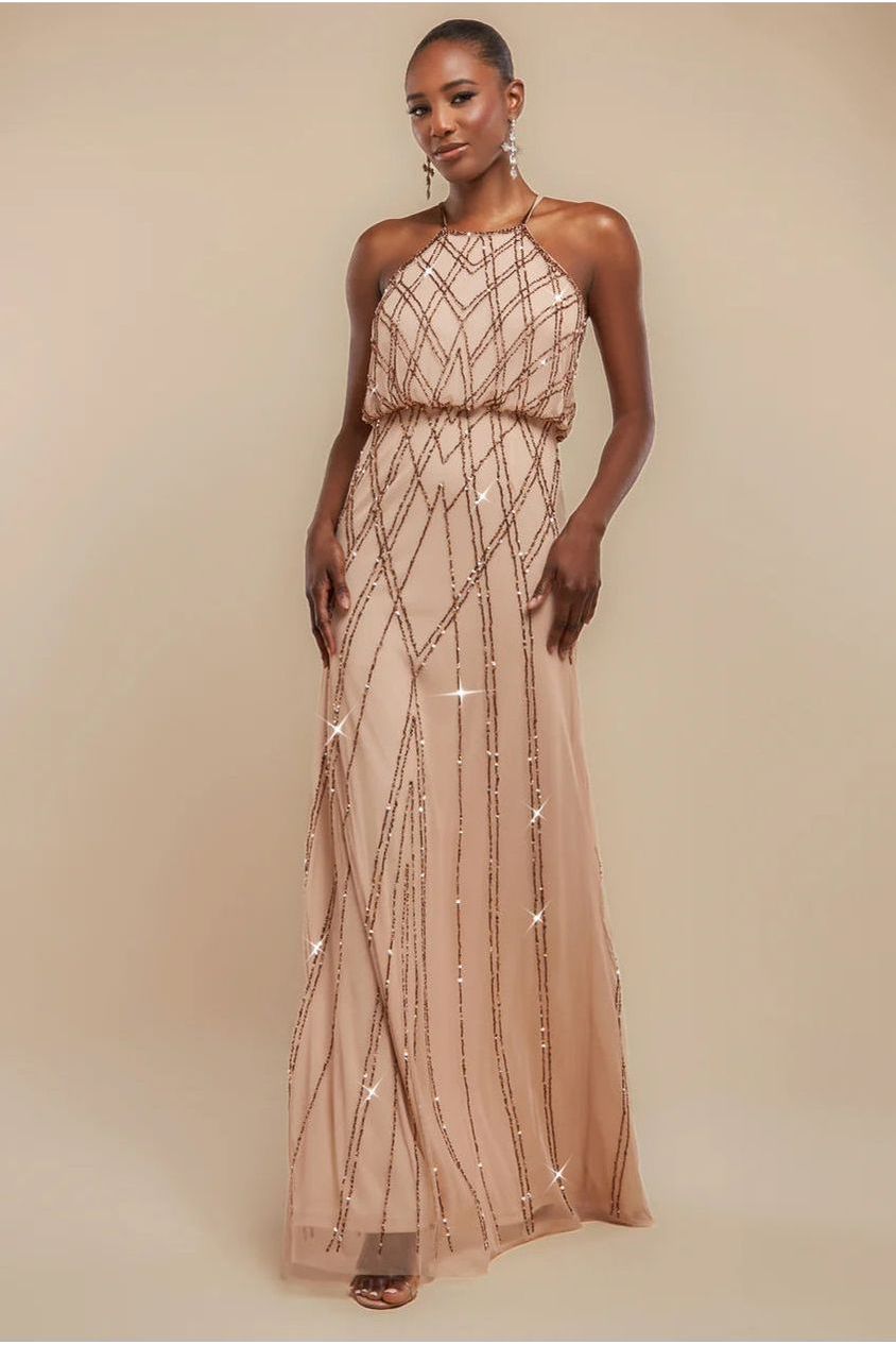 Goddiva Racer Neck Sleeveless Hand Embellished Sequin Maxi Dress
