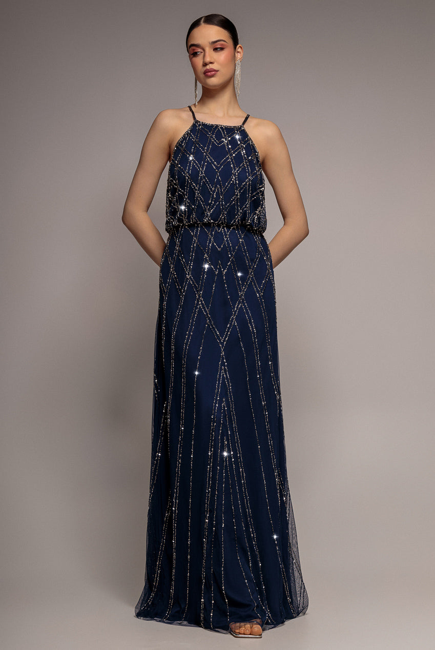 Goddiva Racer Neck Sleeveless Hand Embellished Sequin Maxi Dress