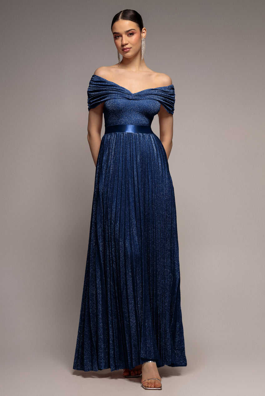 Goddiva Bardot Pleated Skirt Maxi Dress