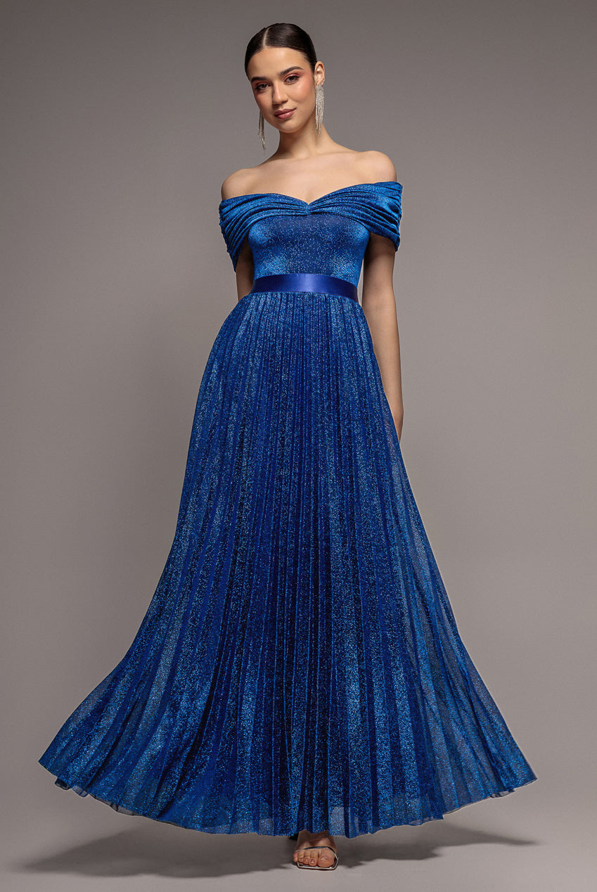 Goddiva Bardot Pleated Skirt Maxi Dress