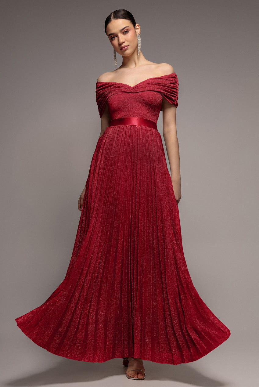 Goddiva Bardot Pleated Skirt Maxi Dress