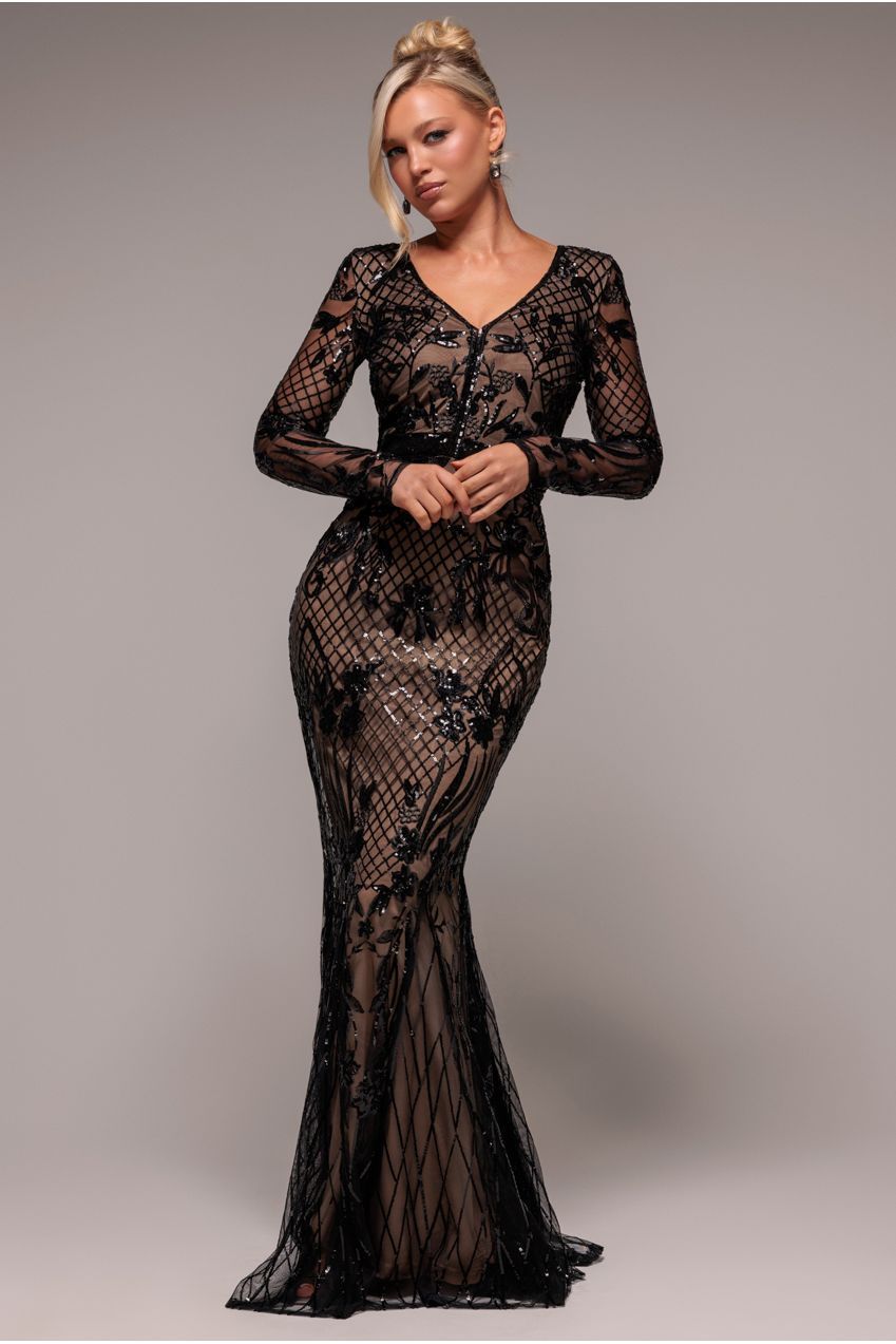 Goddiva Full Sleeve Sequin Evening Dress