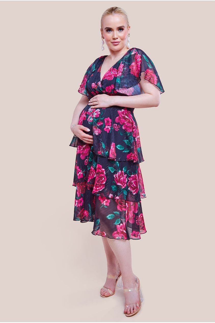 Goddiva Maternity Layered Floral Midi Dress With Flutter Sleeves
