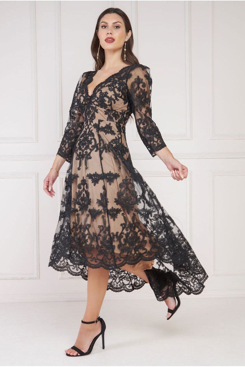 Goddiva Scalloped Lace Dipped Hem Midi Dress