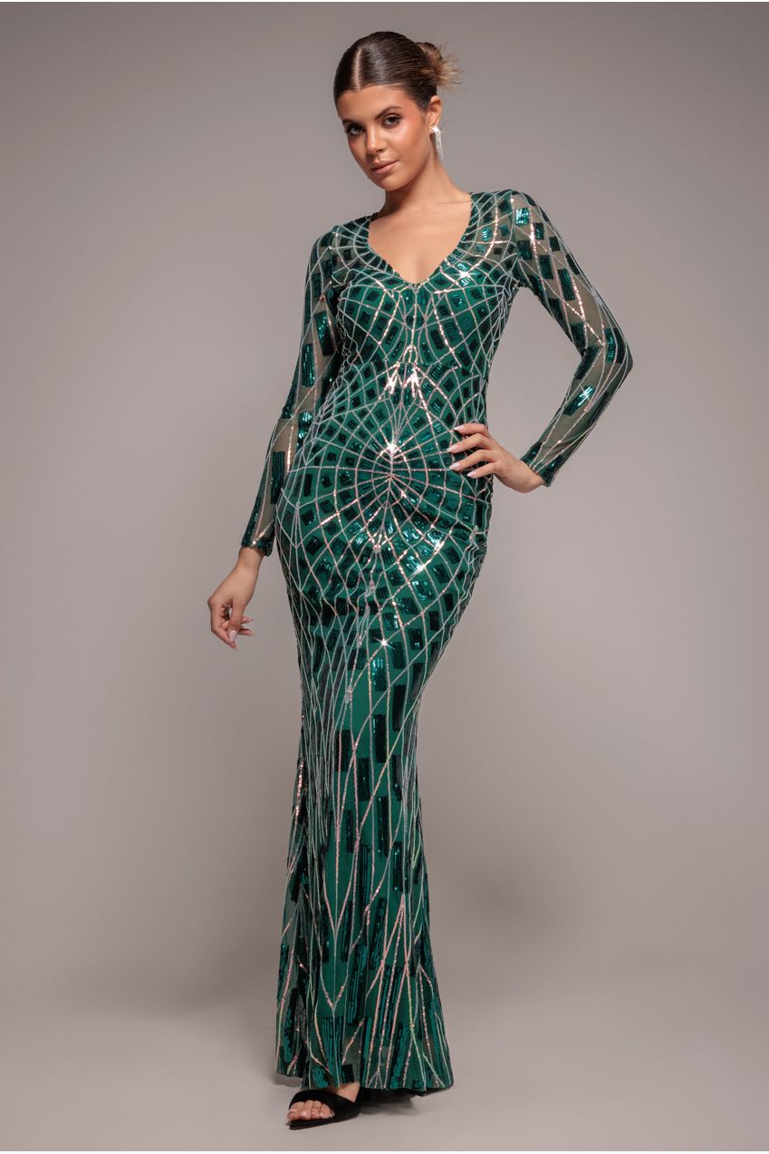 Goddiva Geo Sequin Long Sleeve Maxi Dress
