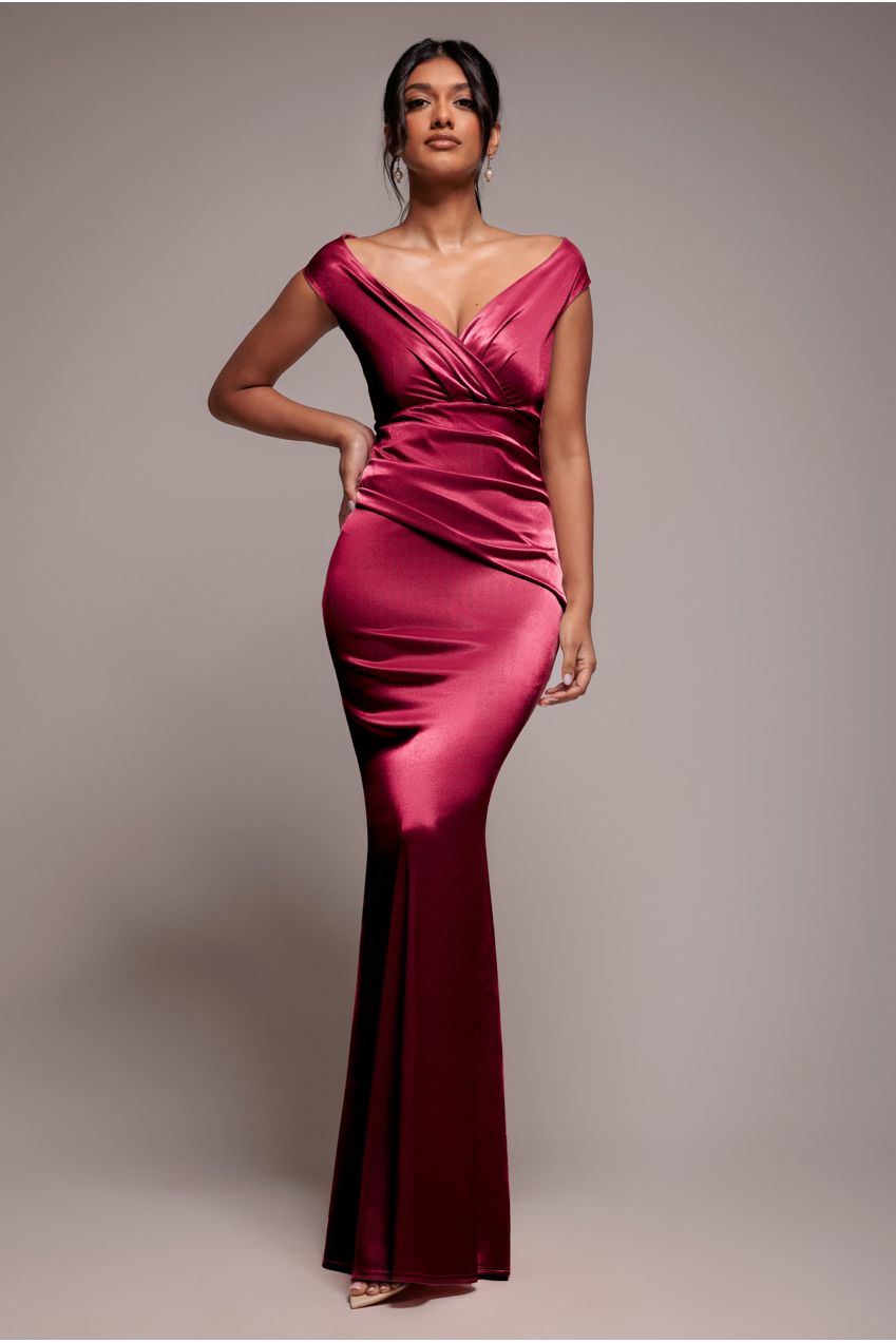 Goddiva Satin Off The Shoulder Maxi Dress