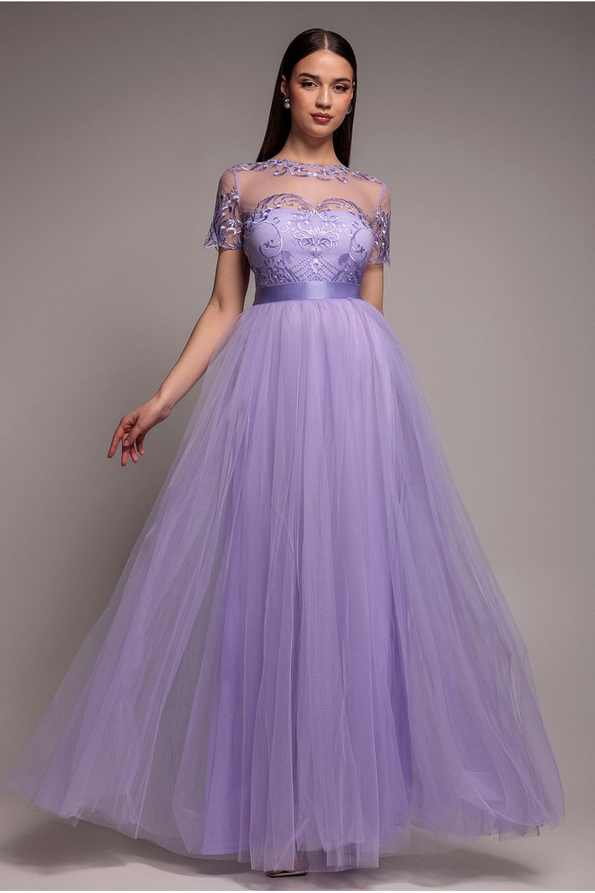Goddiva Embroidered Mesh Maxi Dress