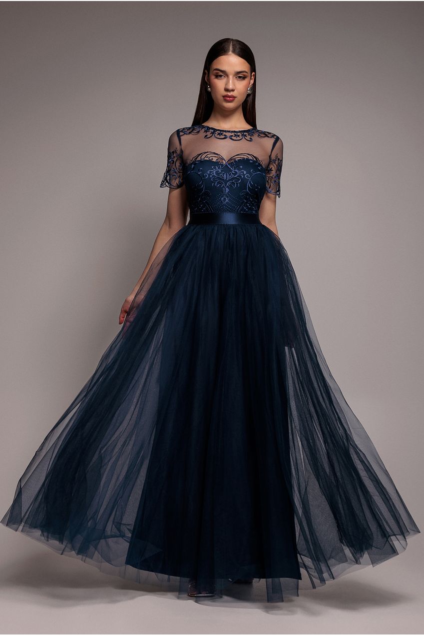 Goddiva Embroidered Mesh Maxi Dress